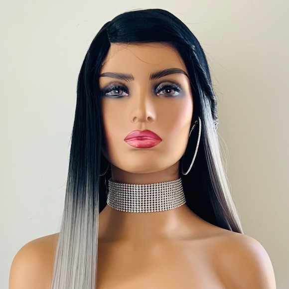 Very Pretty Long Straight Ombre Grey Oval Part Lace Front Wig - Picture 5 of 16